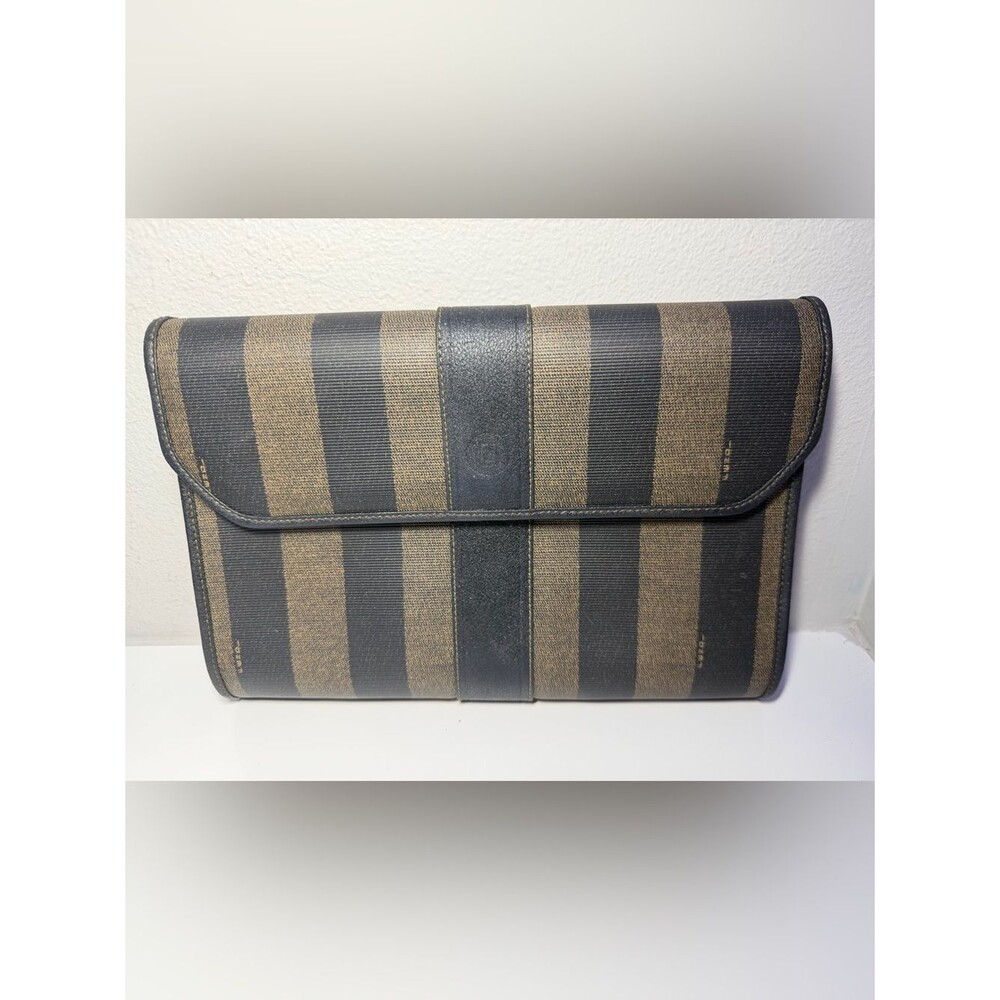 Fendi Penguin Striped Canvas Clutch in Brown and Black. With COA